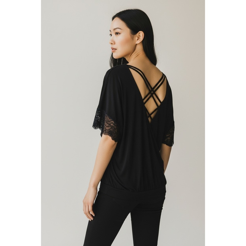 Betsey Johnson Top Small Black Lace Sleeve Dolman Blouse Criss Cross Back Gothic